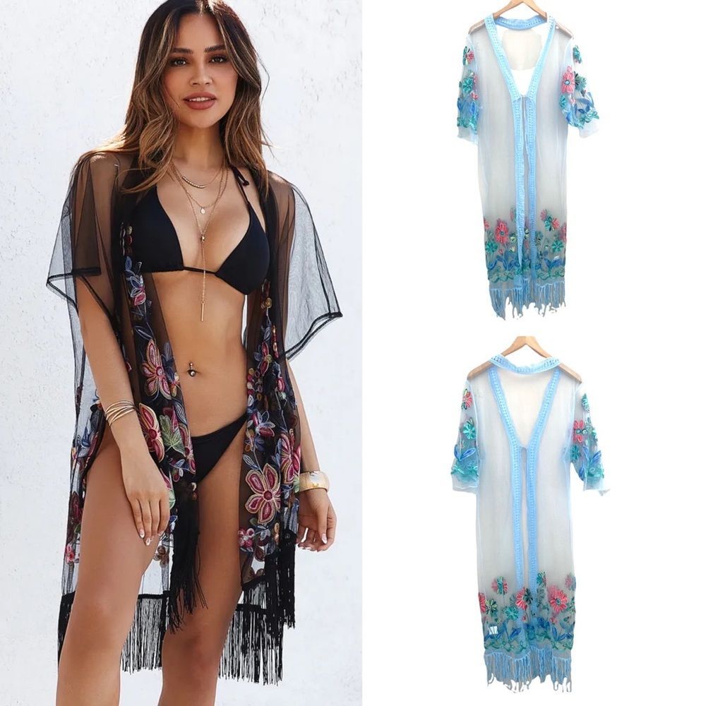 ☀️SALE☀️ Vintage Blue Sheer Mesh Embroidered Fringe Long Kimono Size: Small